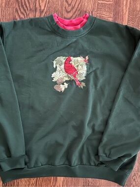 Women's Dark Green Crewneck Sweatshirt with Red Cardinal Embroidery